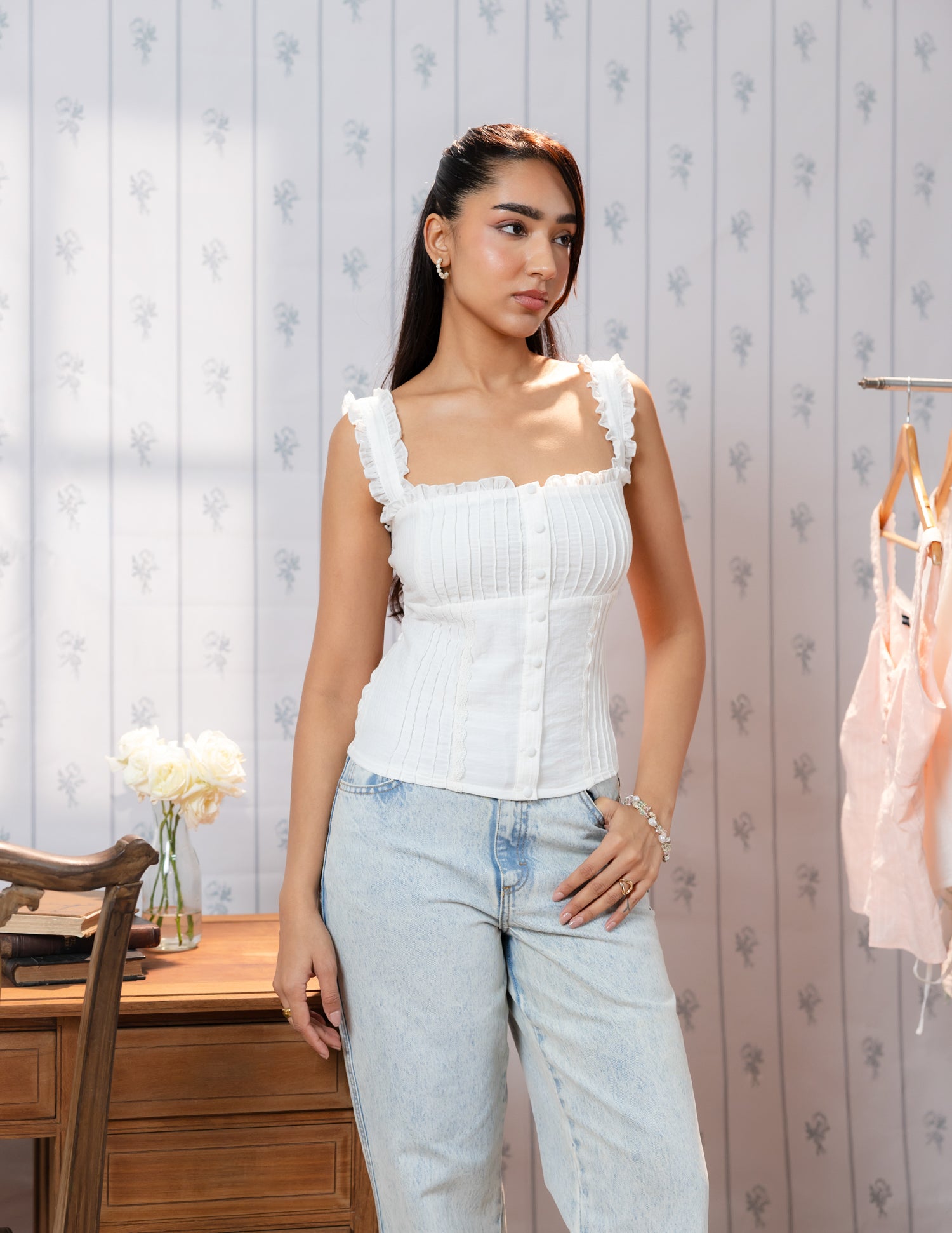 Pintuck Detail Button Down Top