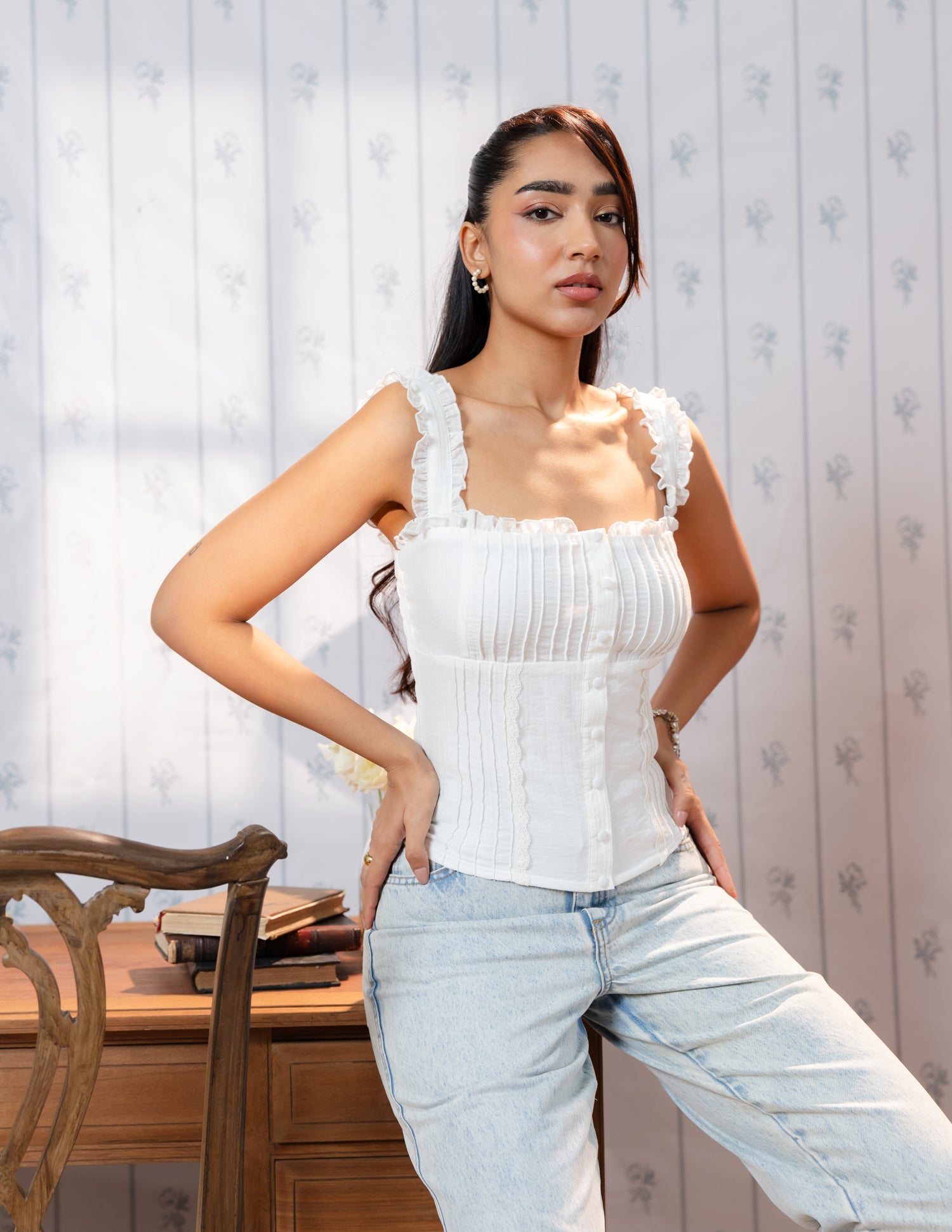 Pintuck Detail Button Down Top