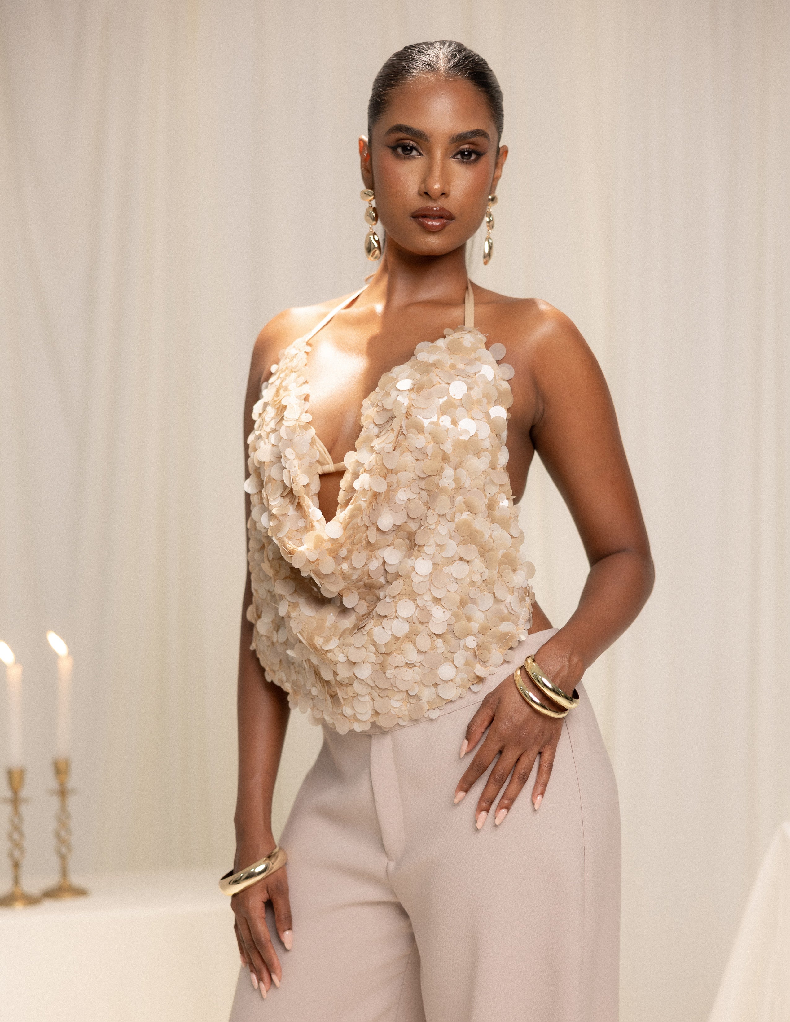 Front Cowl Neck Tie Up Sequin Top