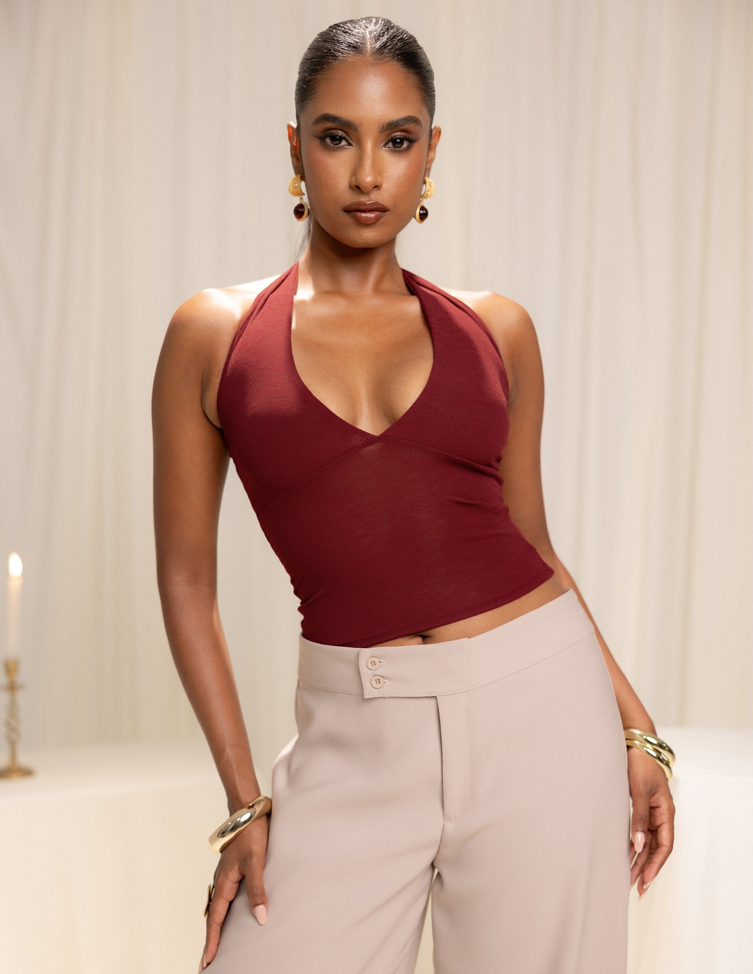 Halter Neck Tie Up Detailed Sleeveless Top