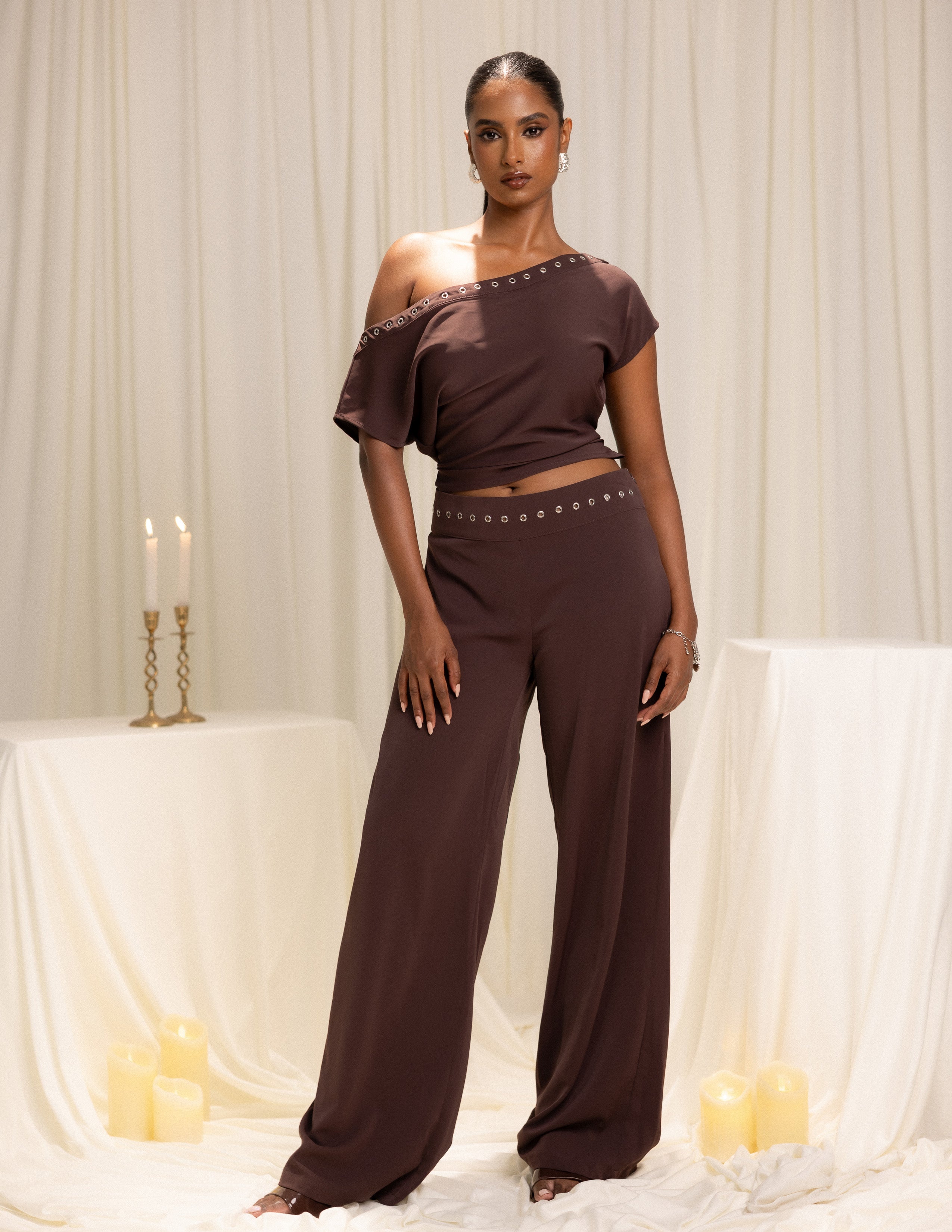 Waist Ilet Detailed Straight Leg Low Waist Pant