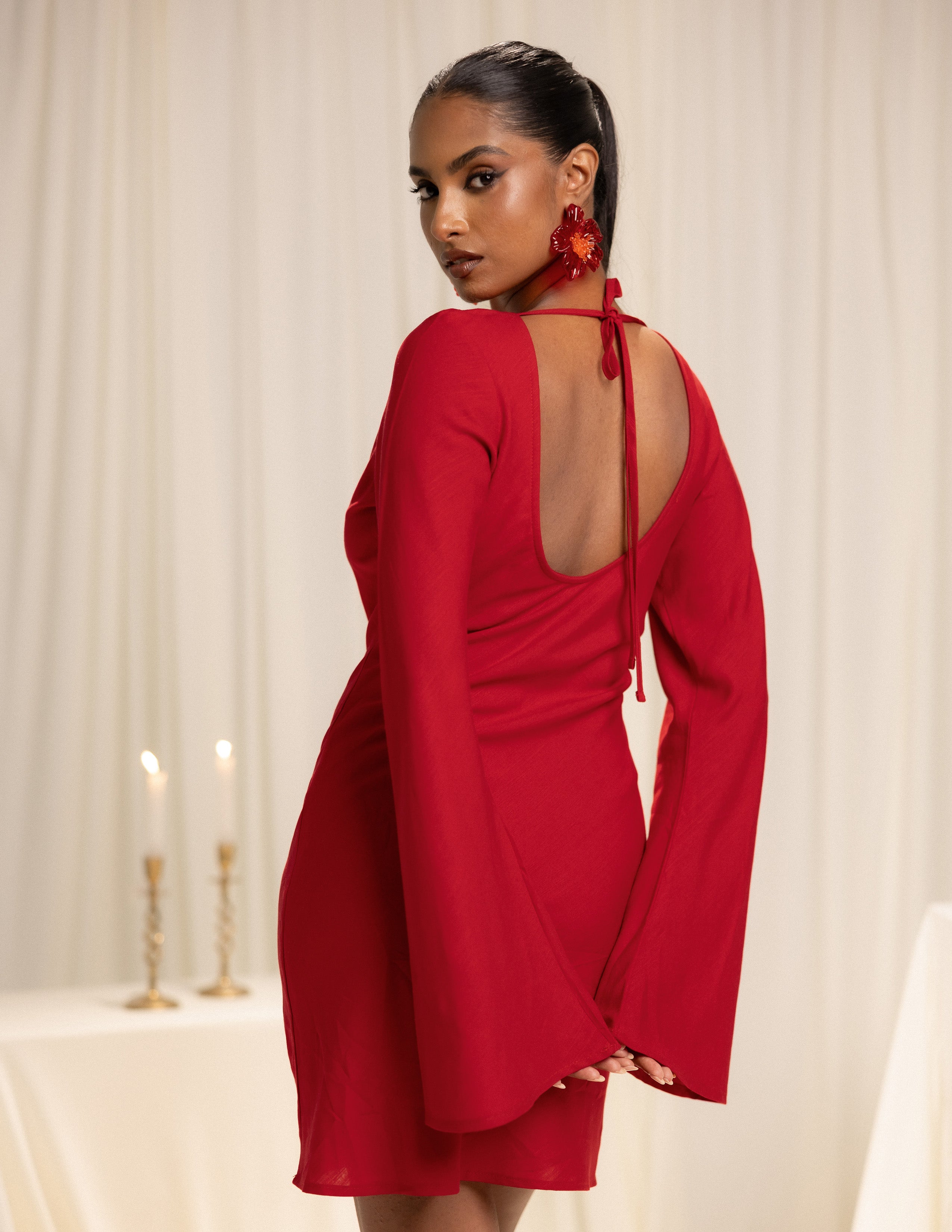 Front Ring Detailed Long Sleeved Mini Dress