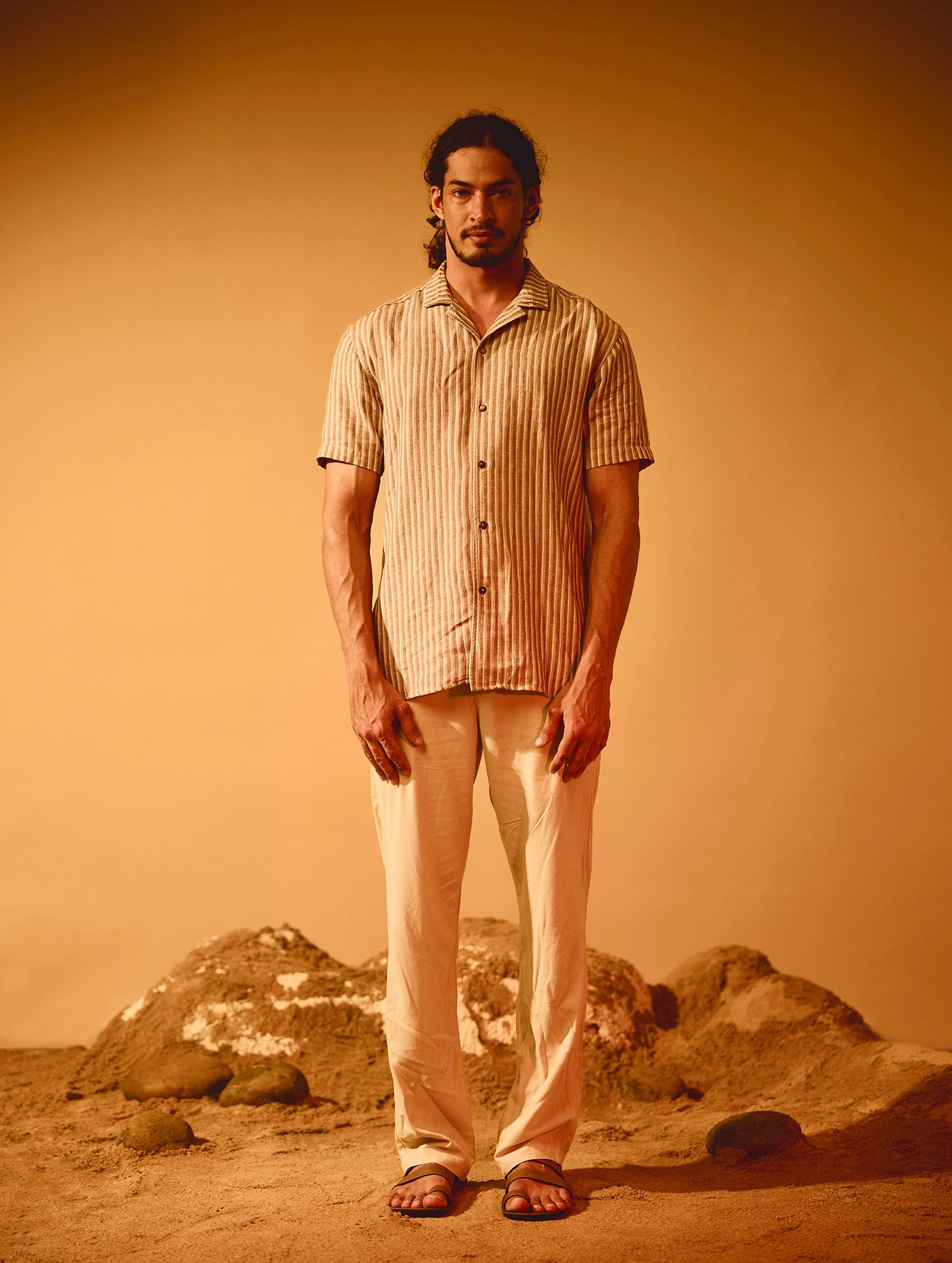 Stripe Detailed Slim Fit Camp Collar Shirt