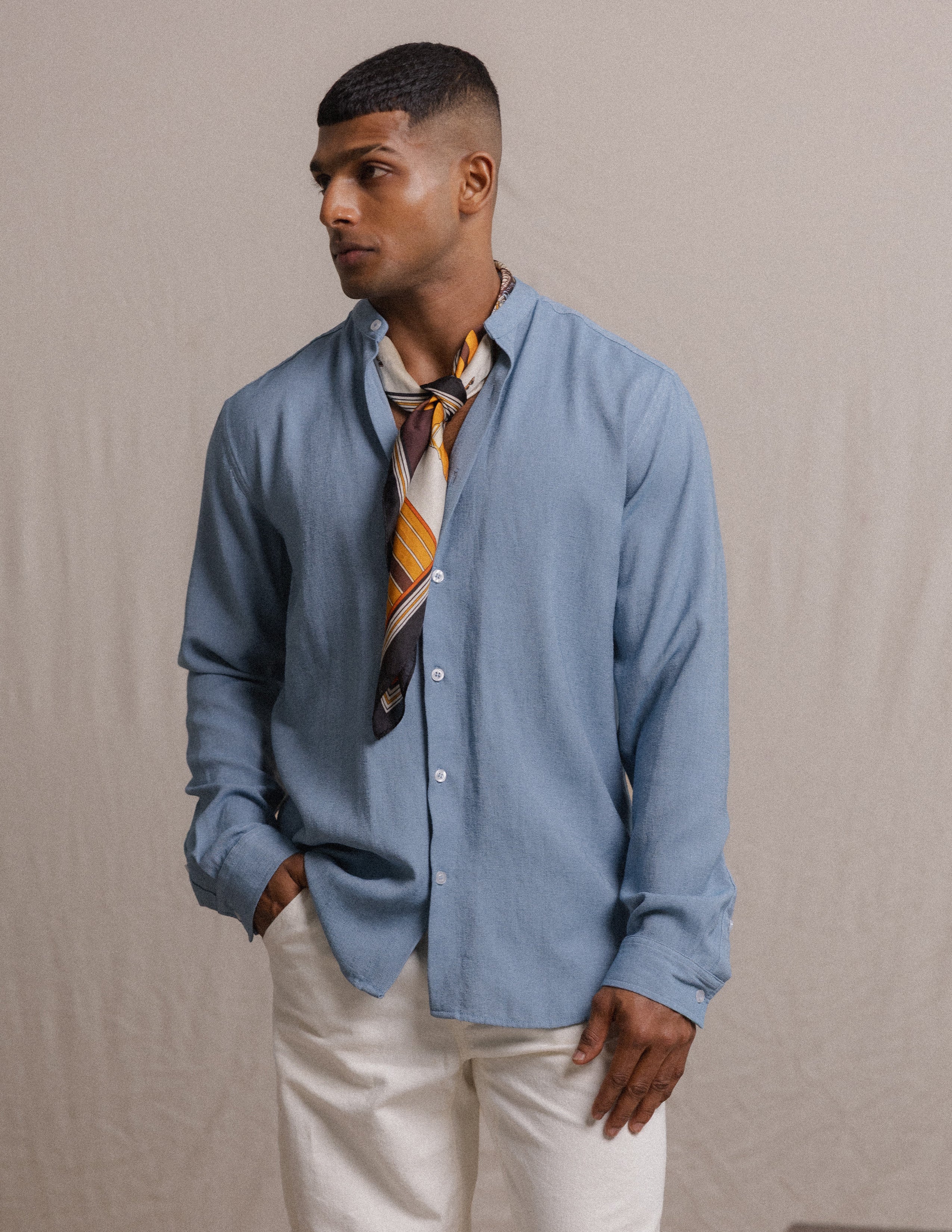 Regular fit chinese collar long sleeve shirt