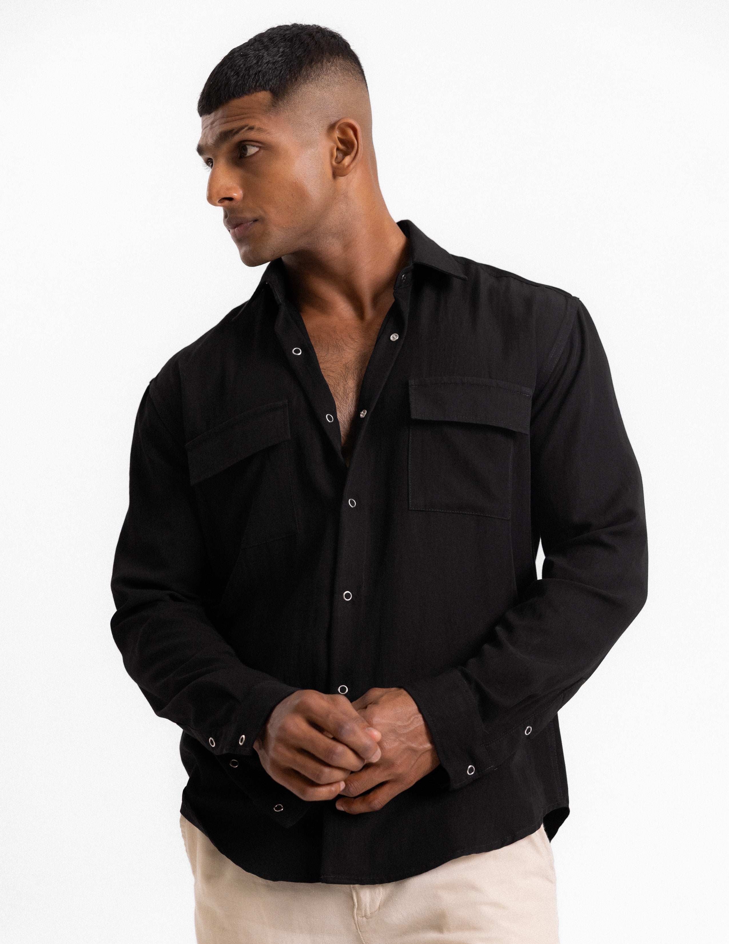 Double patch pocket snap button shirt