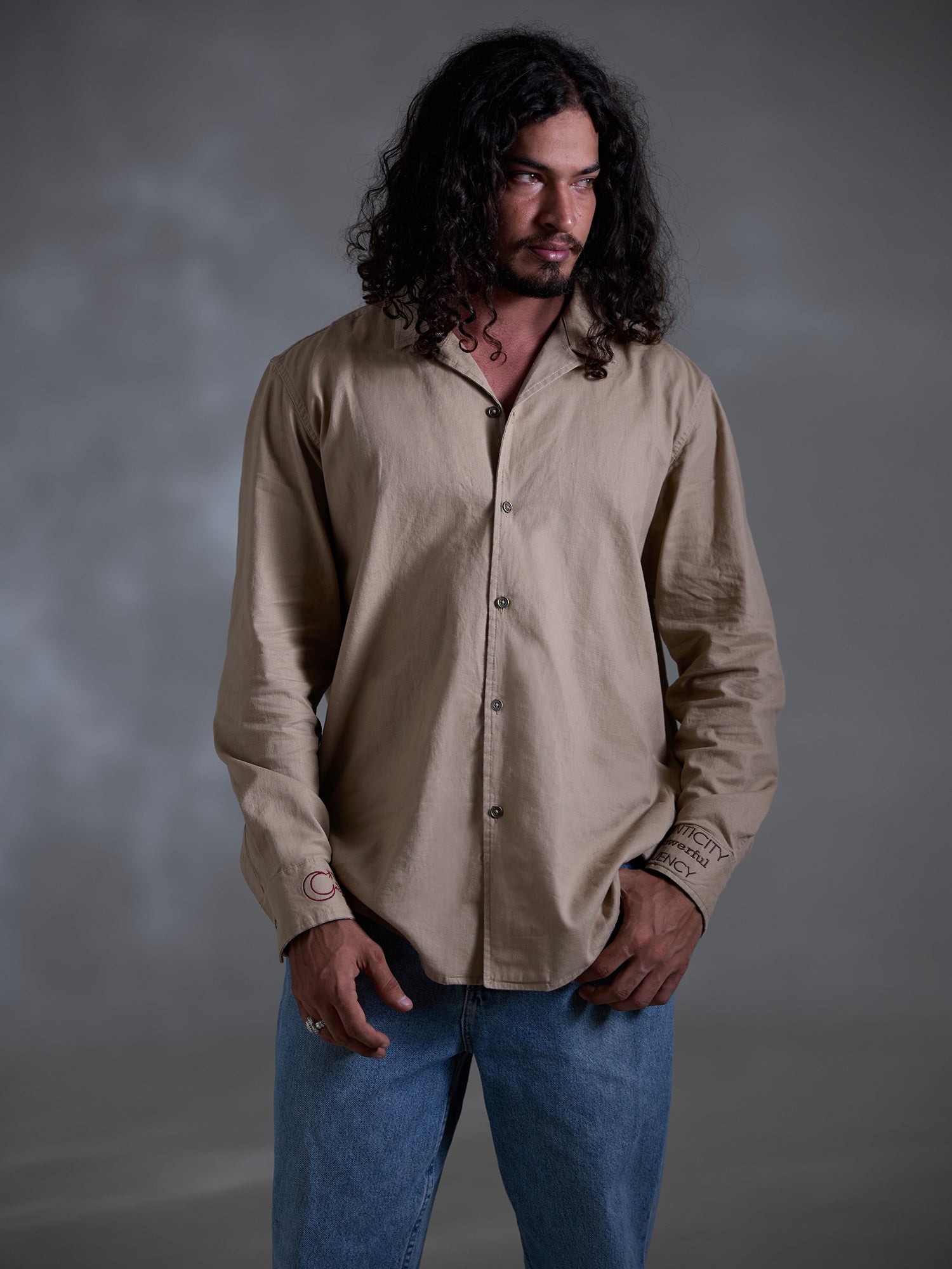 Oversized long sleeve camp collar embroidery shirt