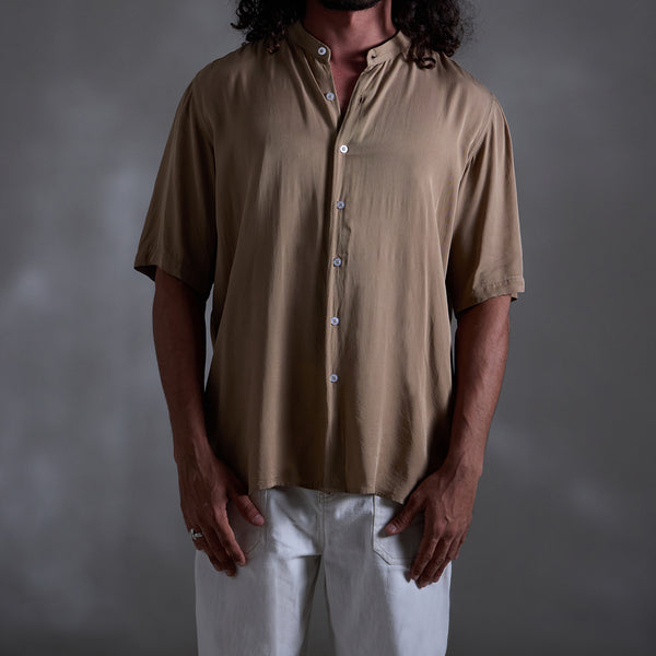 Oversized chinese collar short sleeve embroidery shirt