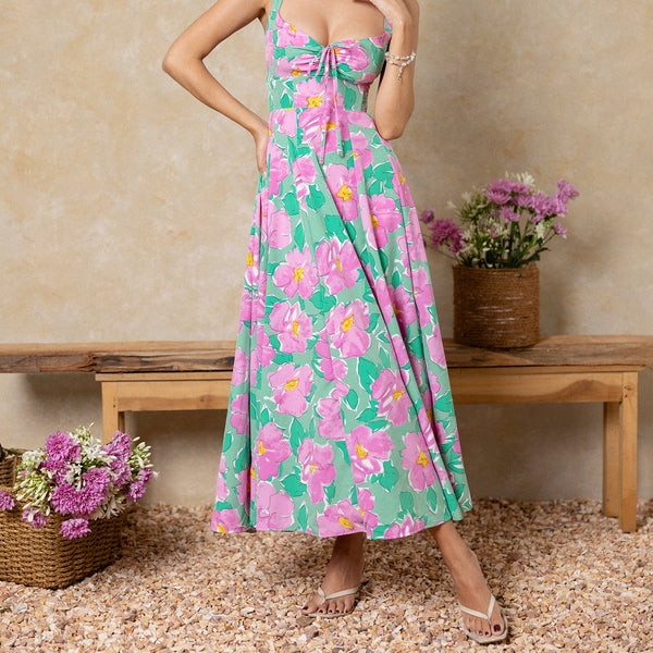 Bustier Ruched Printed Maxi Dress