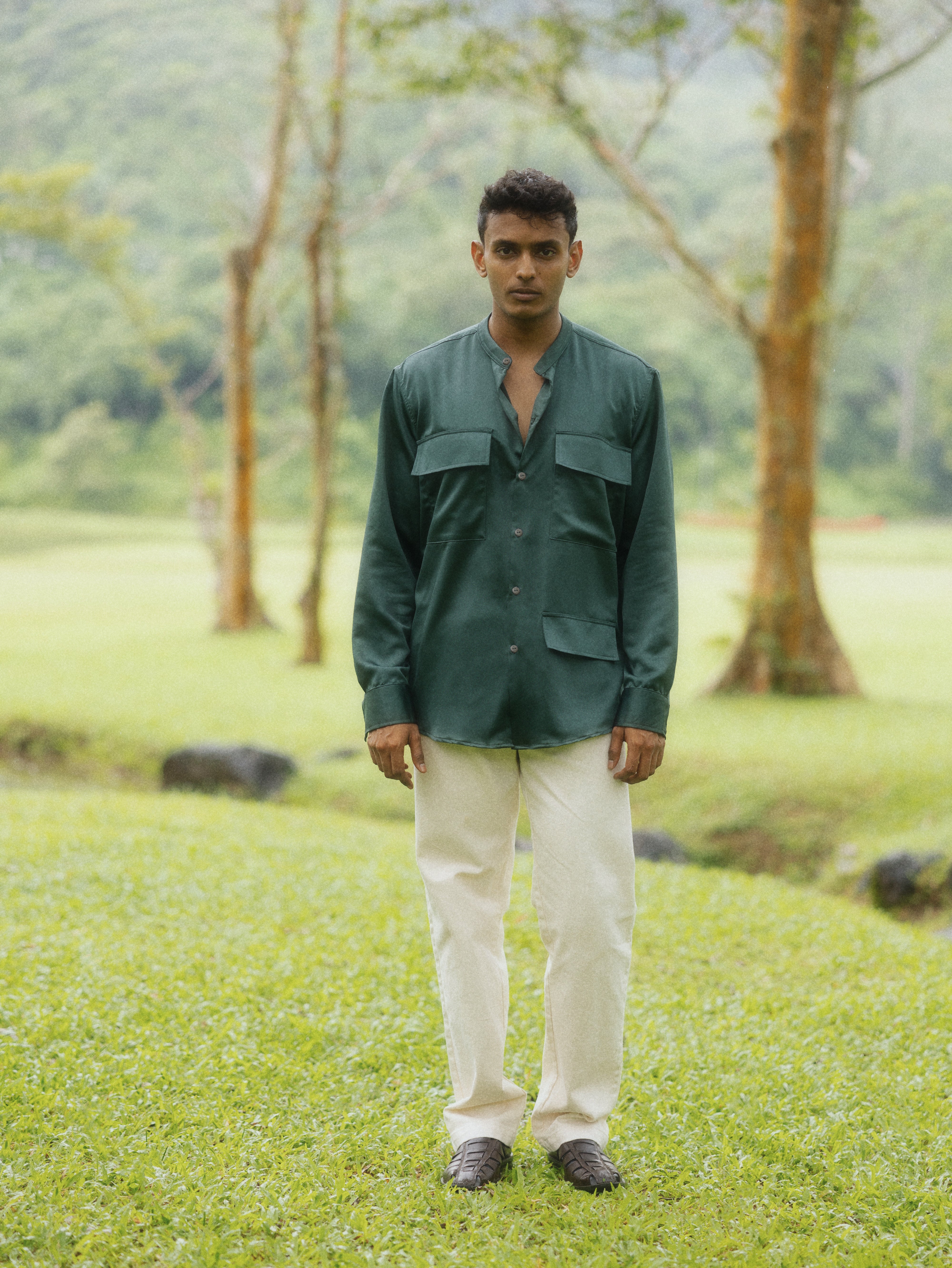 Chinese collar patch pocket shirt