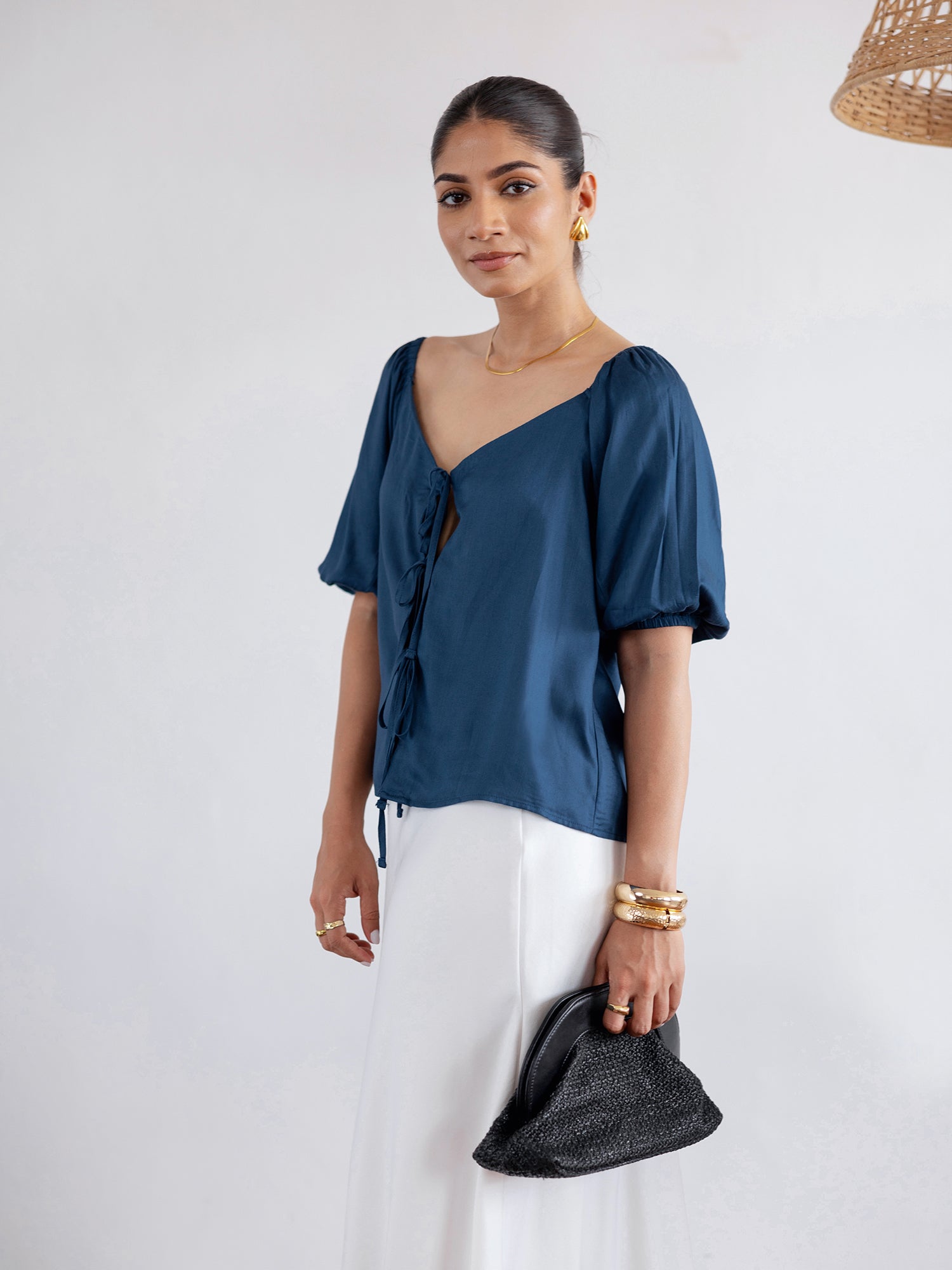 Front Tie Up Puff Sleeved Top