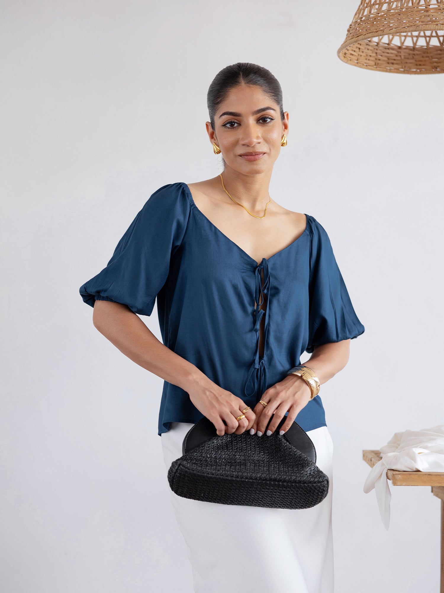 Front Tie Up Puff Sleeved Top