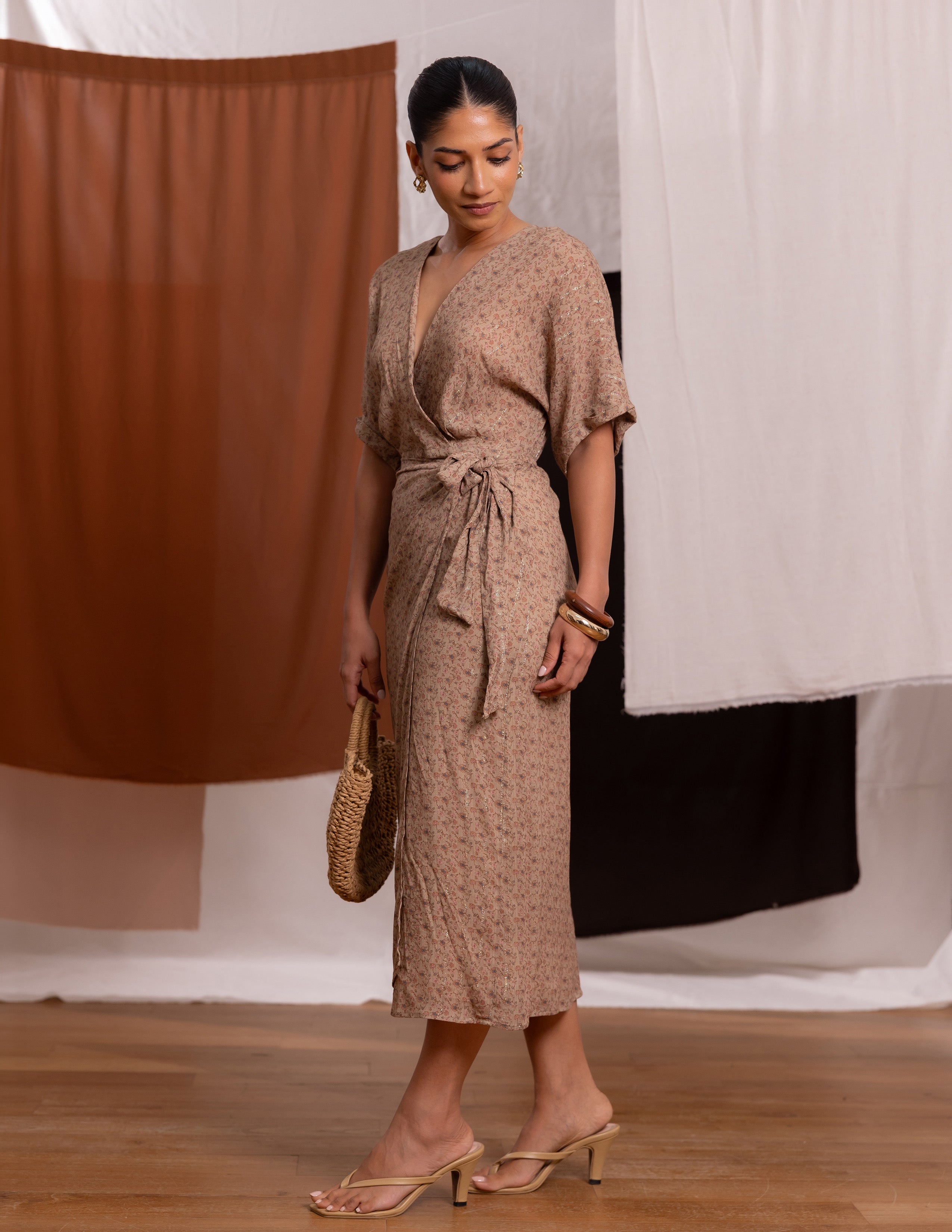 Mock Wrap Midi Dress