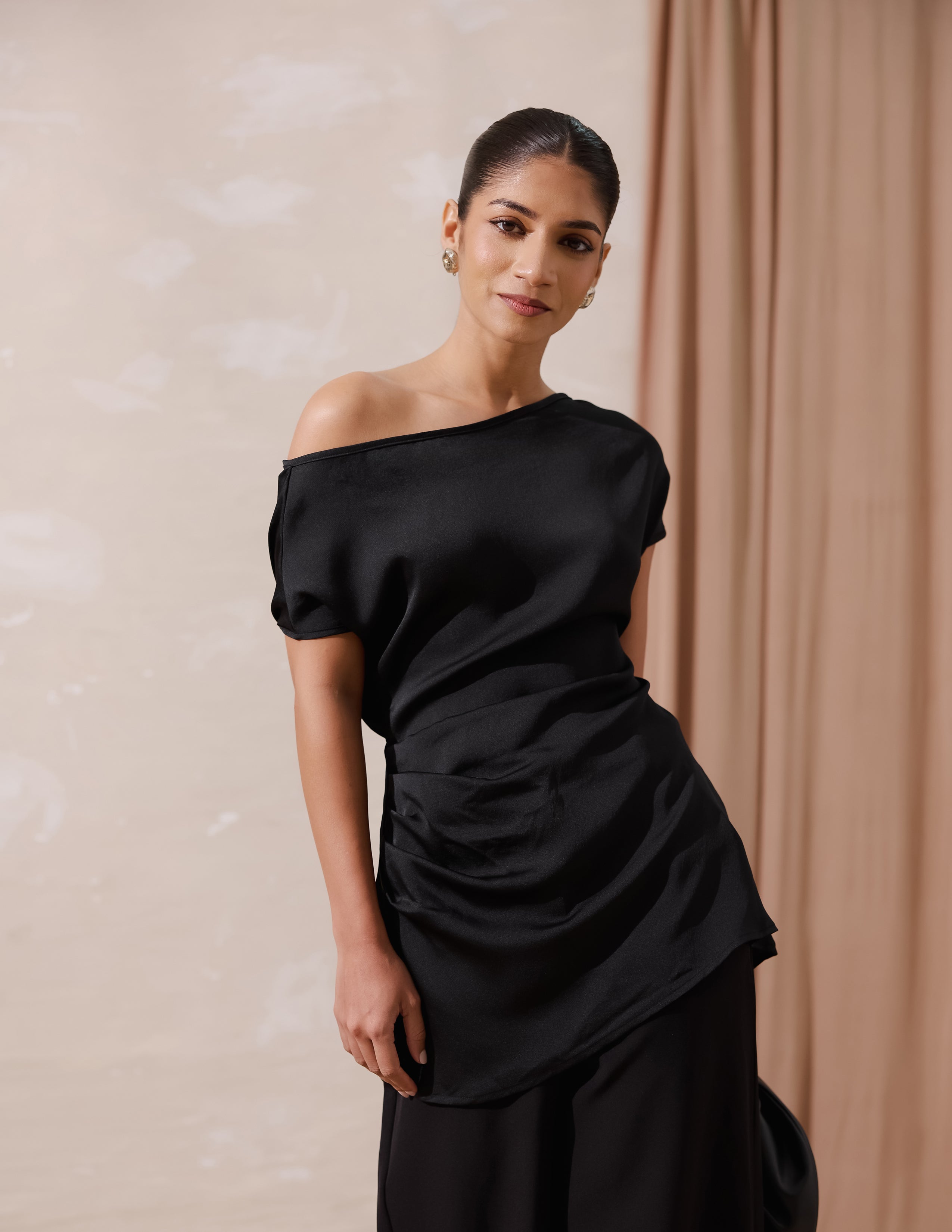 Drop Shoulder Side Pleated Top