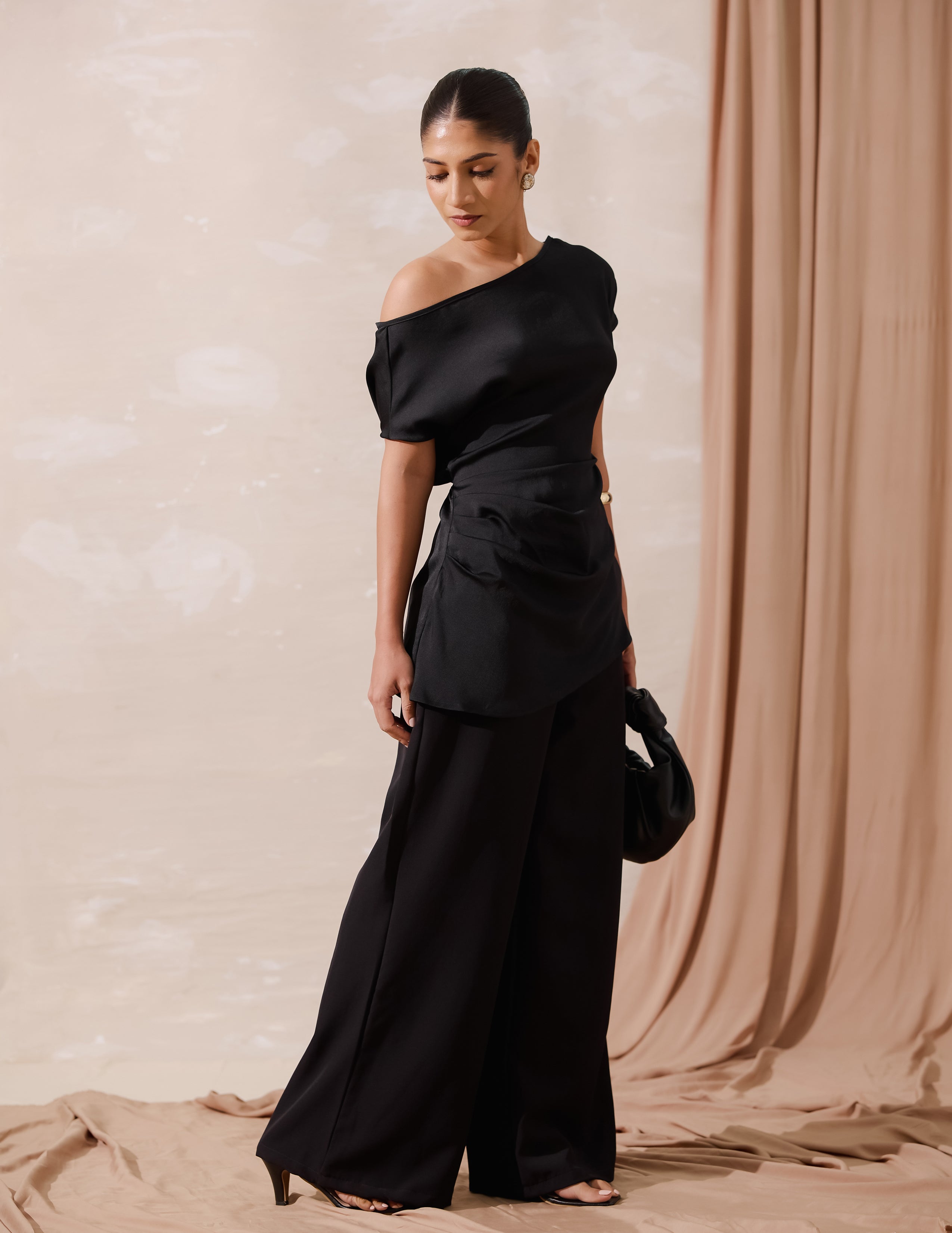 Drop Shoulder Side Pleated Top