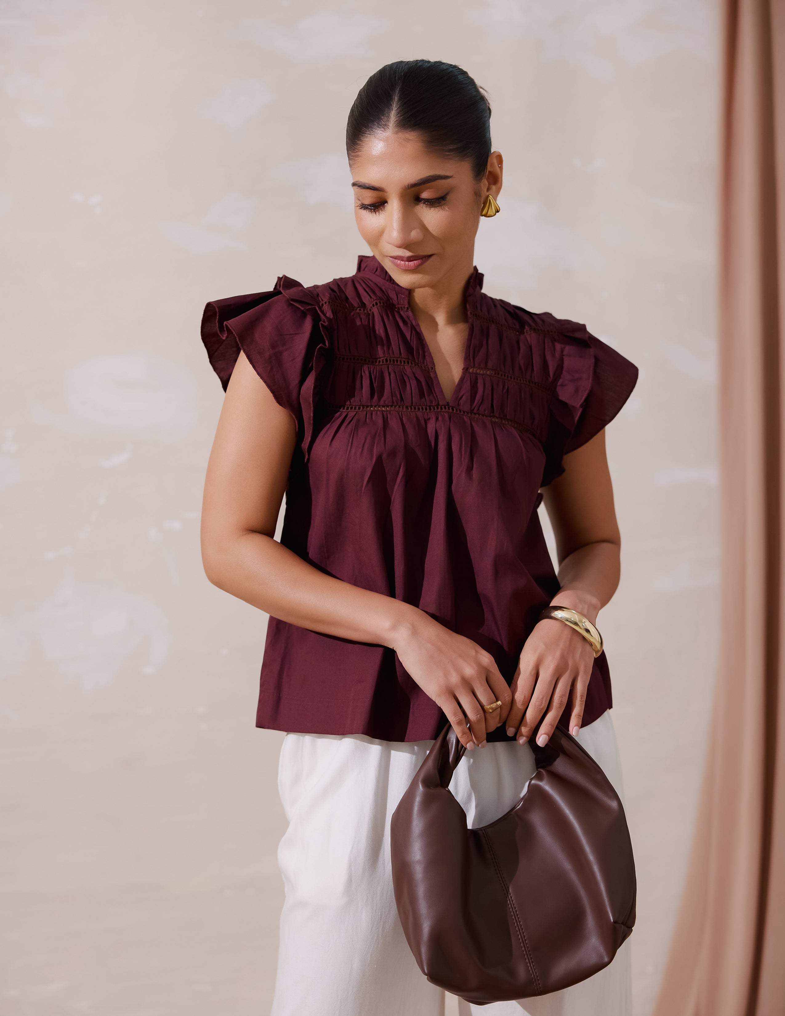 Lace Detailed Shoulder Frilled Top