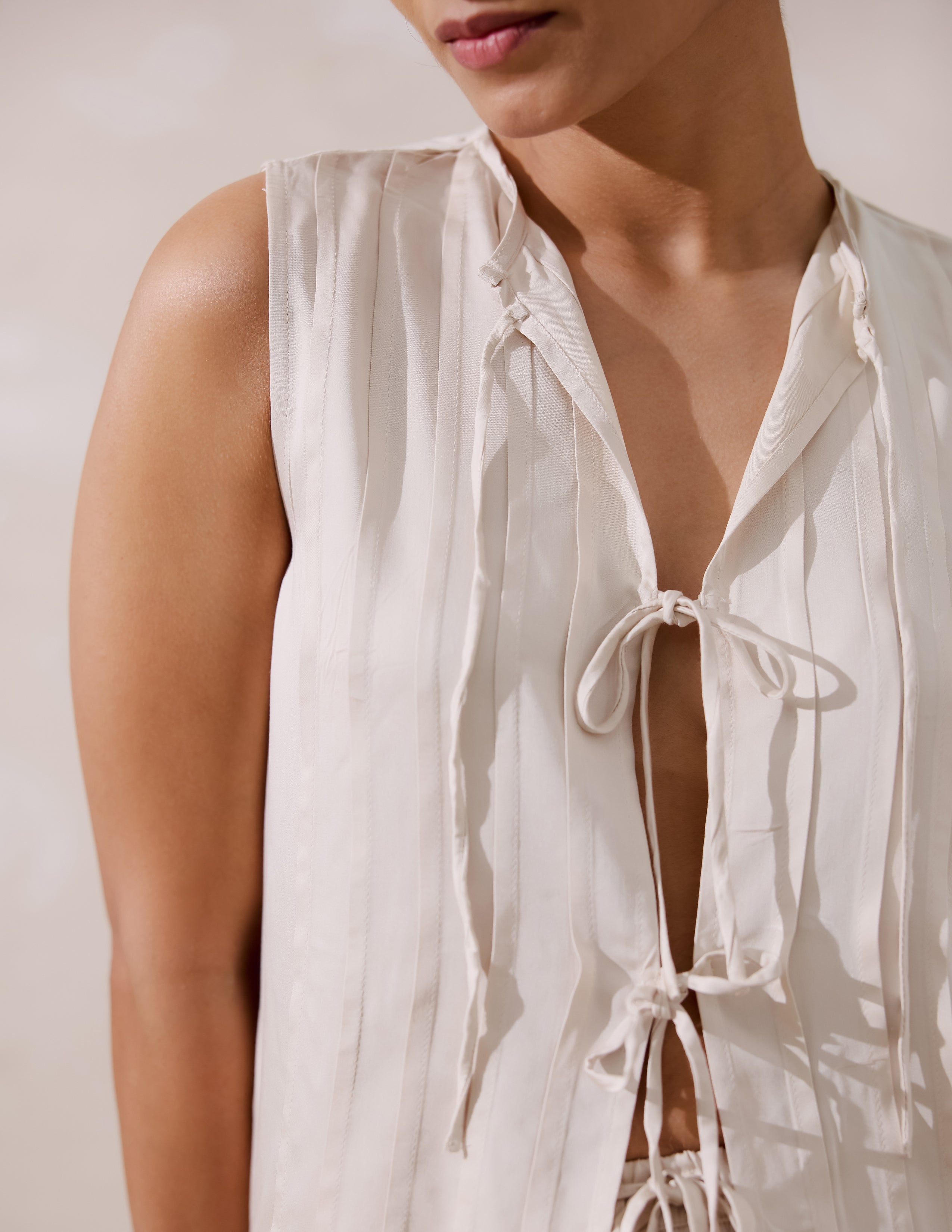 Pin Tuck Detailed Front Tie Up Top