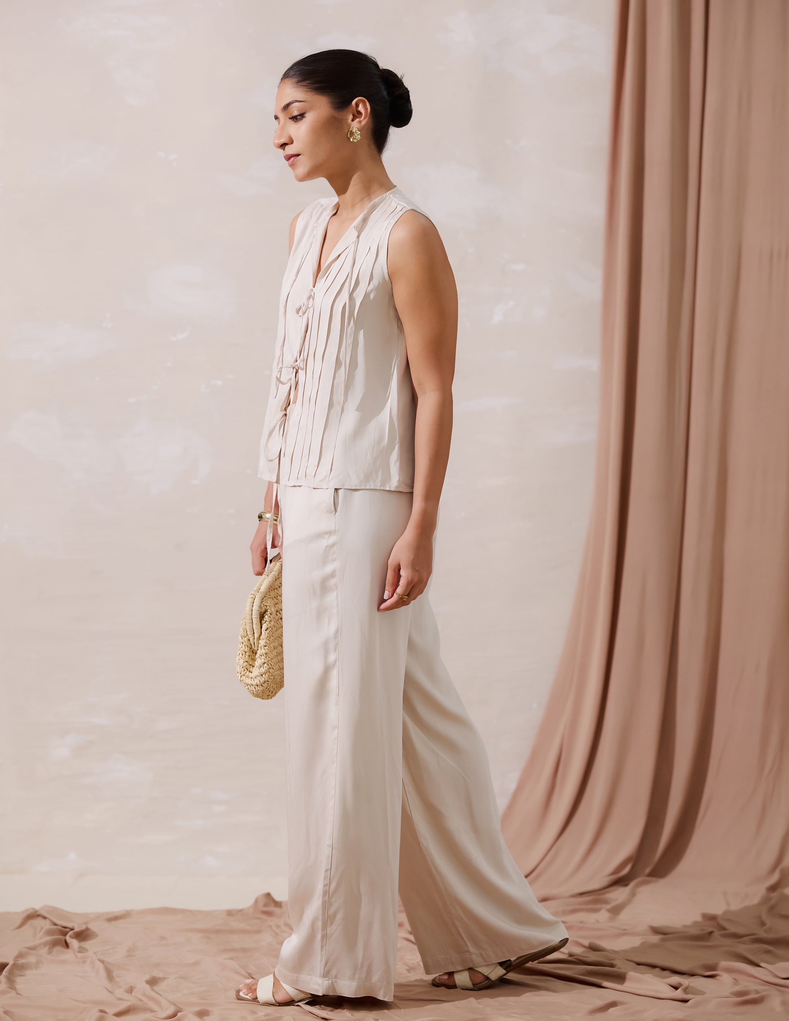 Pin Tuck Detailed Front Tie Up Top