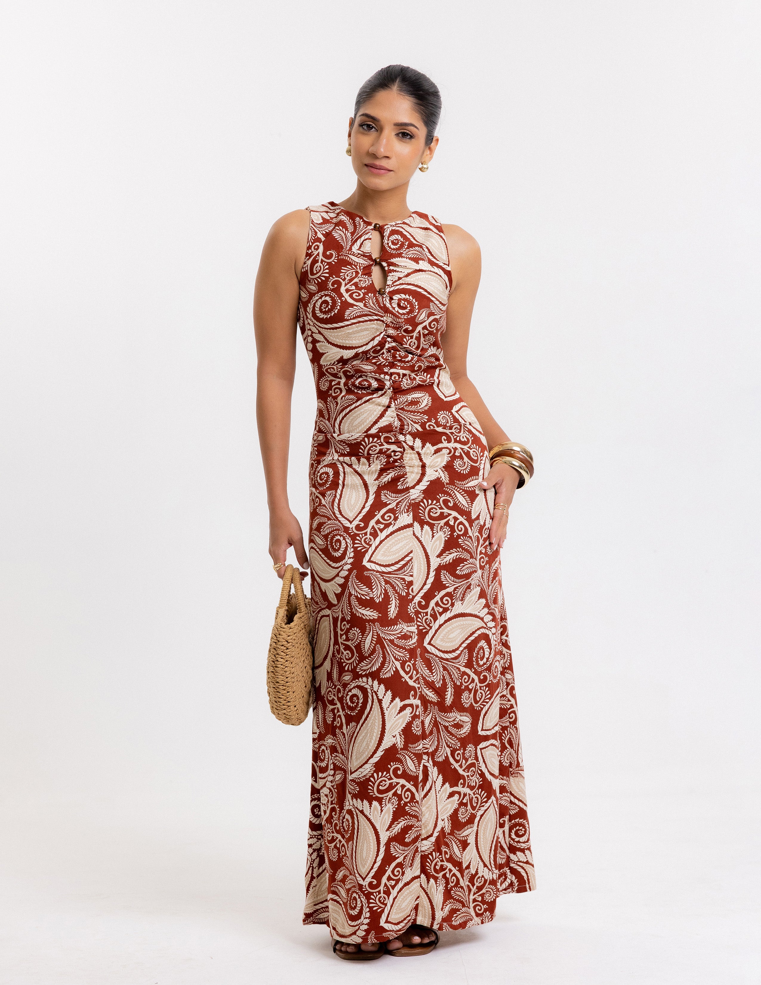 Keyhole Detailed Front Gathered Maxi Dress