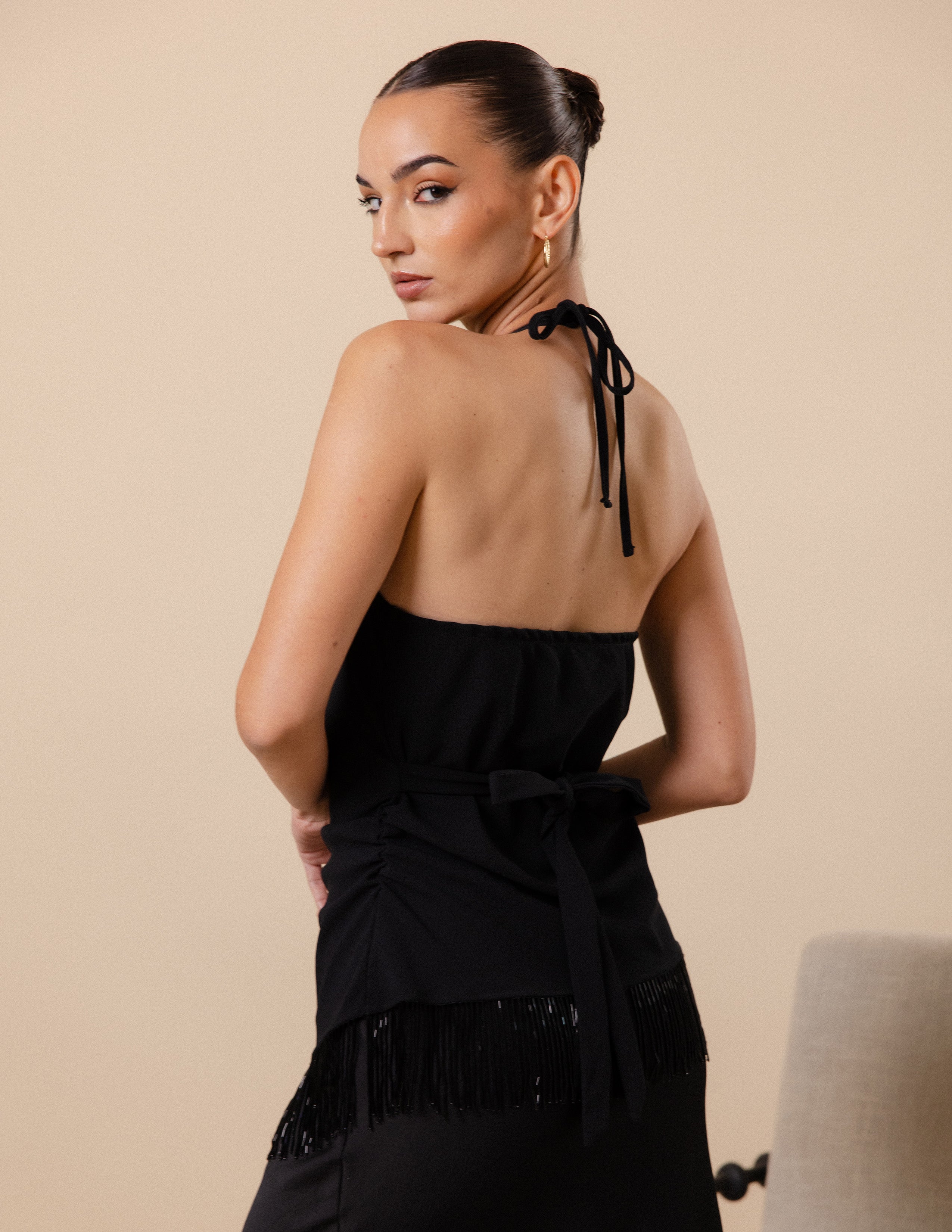 Beaded Fringe Detail Cowl Top