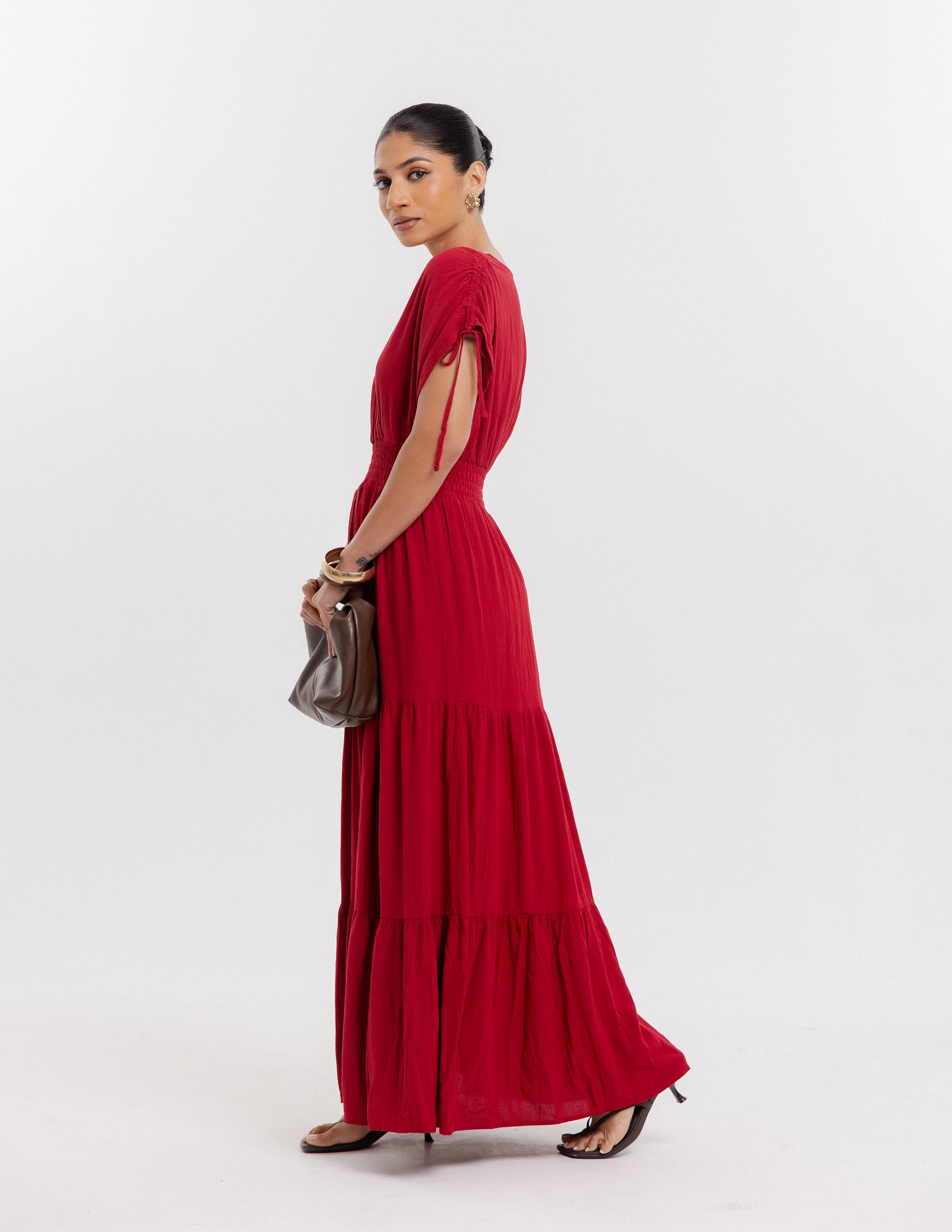Smocking Detail Mock Wrap Maxi Dress