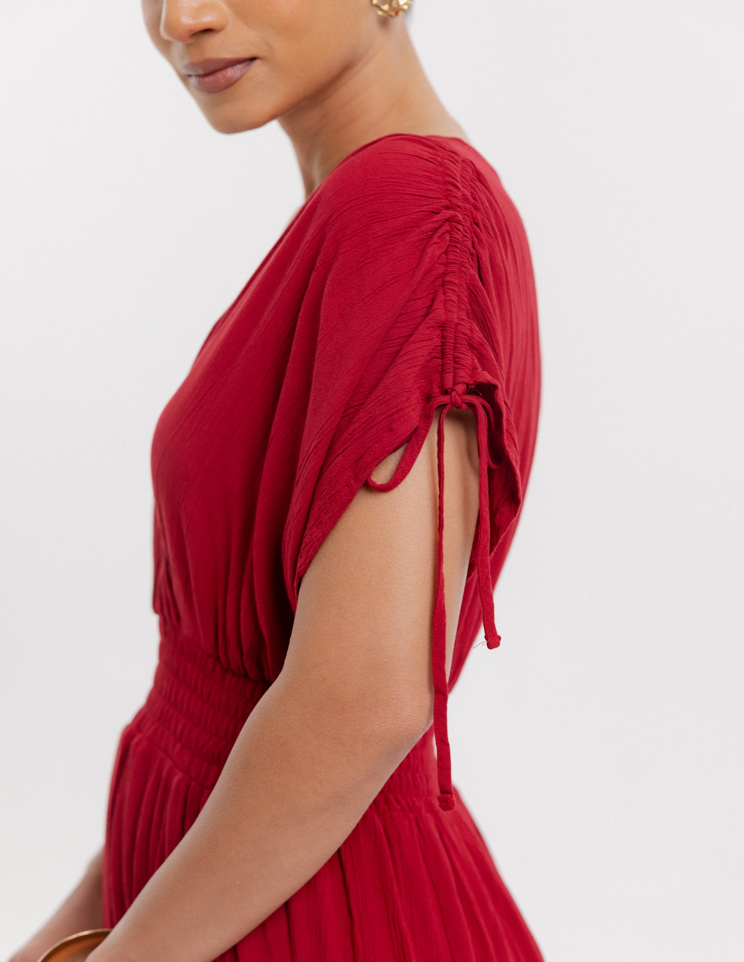 Smocking Detail Mock Wrap Maxi Dress