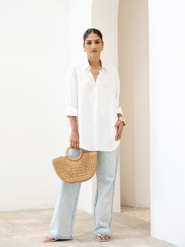 Button Down Collar Detailed Long Sleeved Oversized Top