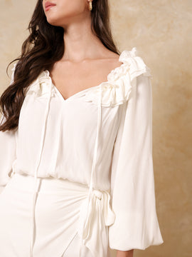 Neck Frill Detailed Front Tie Up Wrap Mini Dress