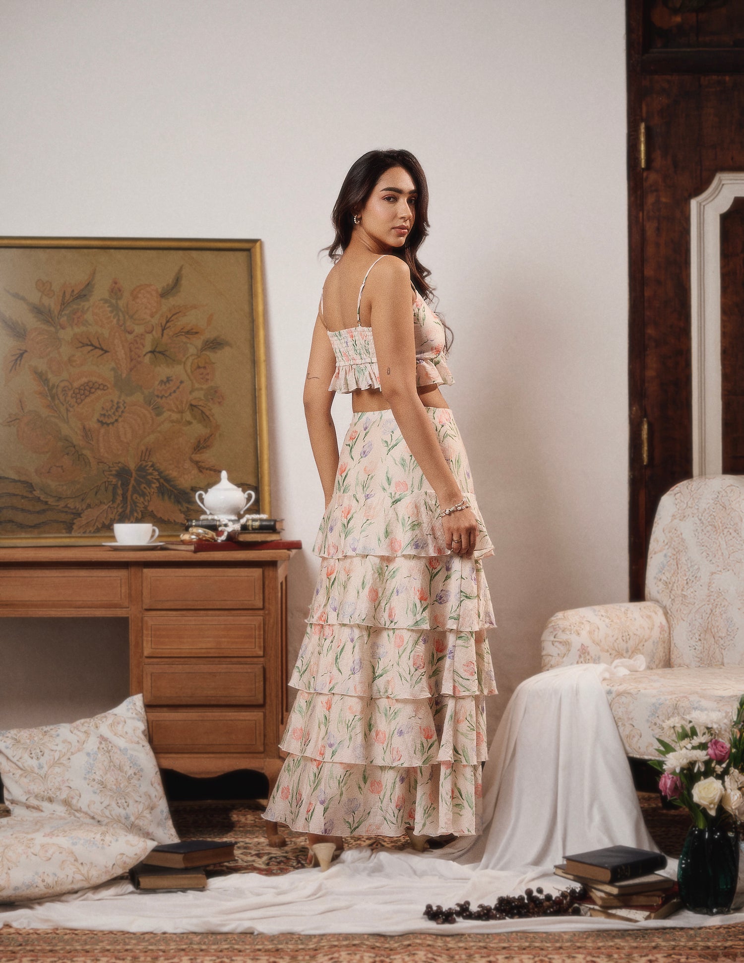 Raffle Detailed Front Slit Maxi Skirt