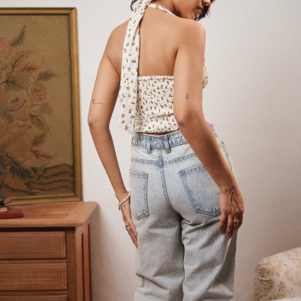 Back Smocking Halter Neck Tie Up Top
