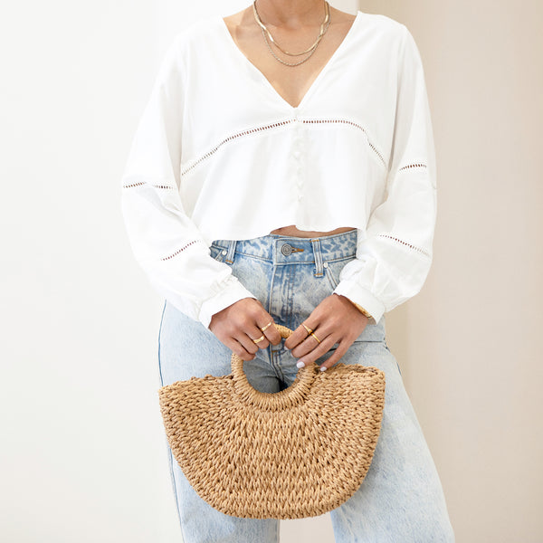 V Neck Ladder Lace Detailed Balloon Sleeved Top
