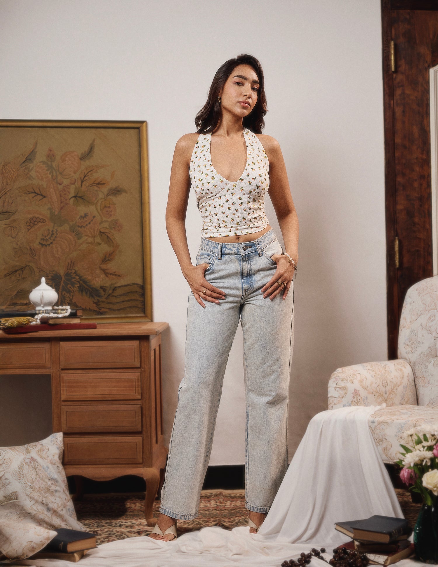 Back Smocking Halter Neck Tie Up Top