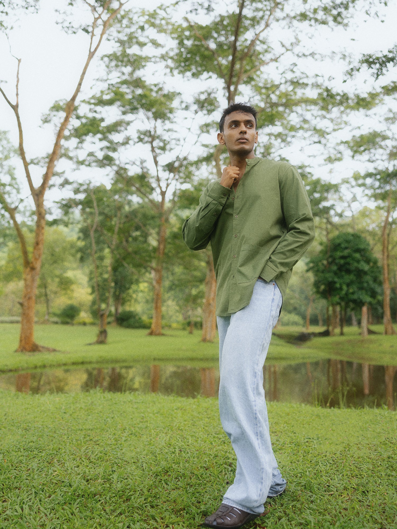 Chinese collar large square pocket shirt