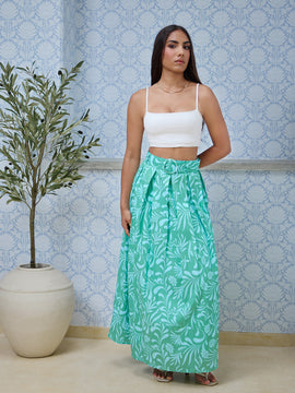 Buckle Detailed Pleated Printed Maxi Skirt