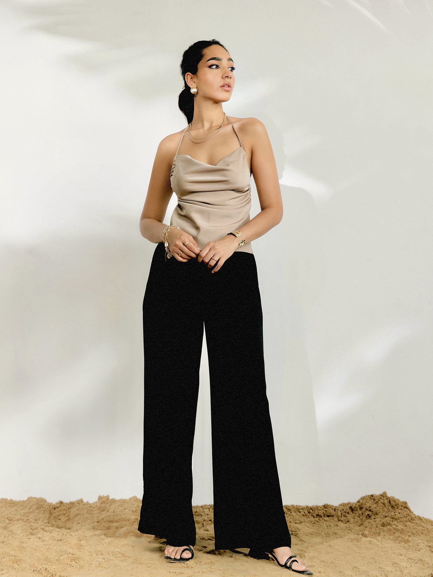 Front Cowl Side Ruched Tie Up Backless Top