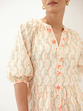 Button Down Contrast Detailed Printed Mini Dress