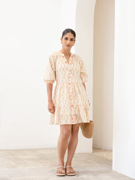 Button Down Contrast Detailed Printed Mini Dress