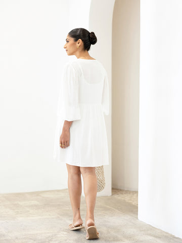Front Tie Up Puff Sleeved Mini Dress