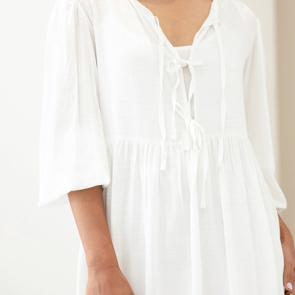 Front Tie Up Puff Sleeved Mini Dress