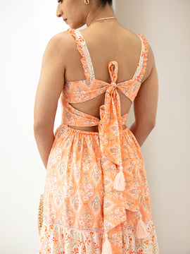 Contrast Fabric Tassel Detailed Back Tie Up Printed Maxi Dress
