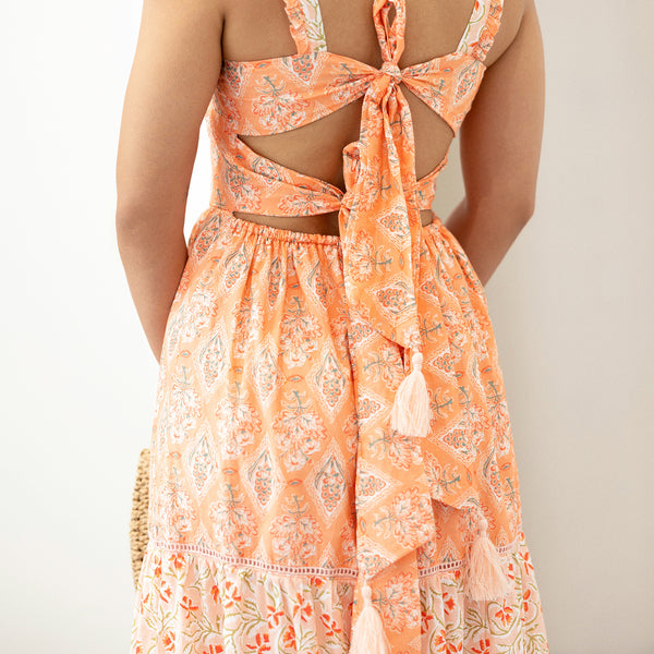 Contrast Fabric Tassel Detailed Back Tie Up Printed Maxi Dress