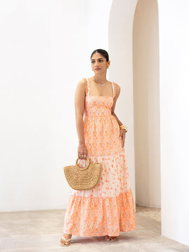 Contrast Fabric Tassel Detailed Back Tie Up Printed Maxi Dress