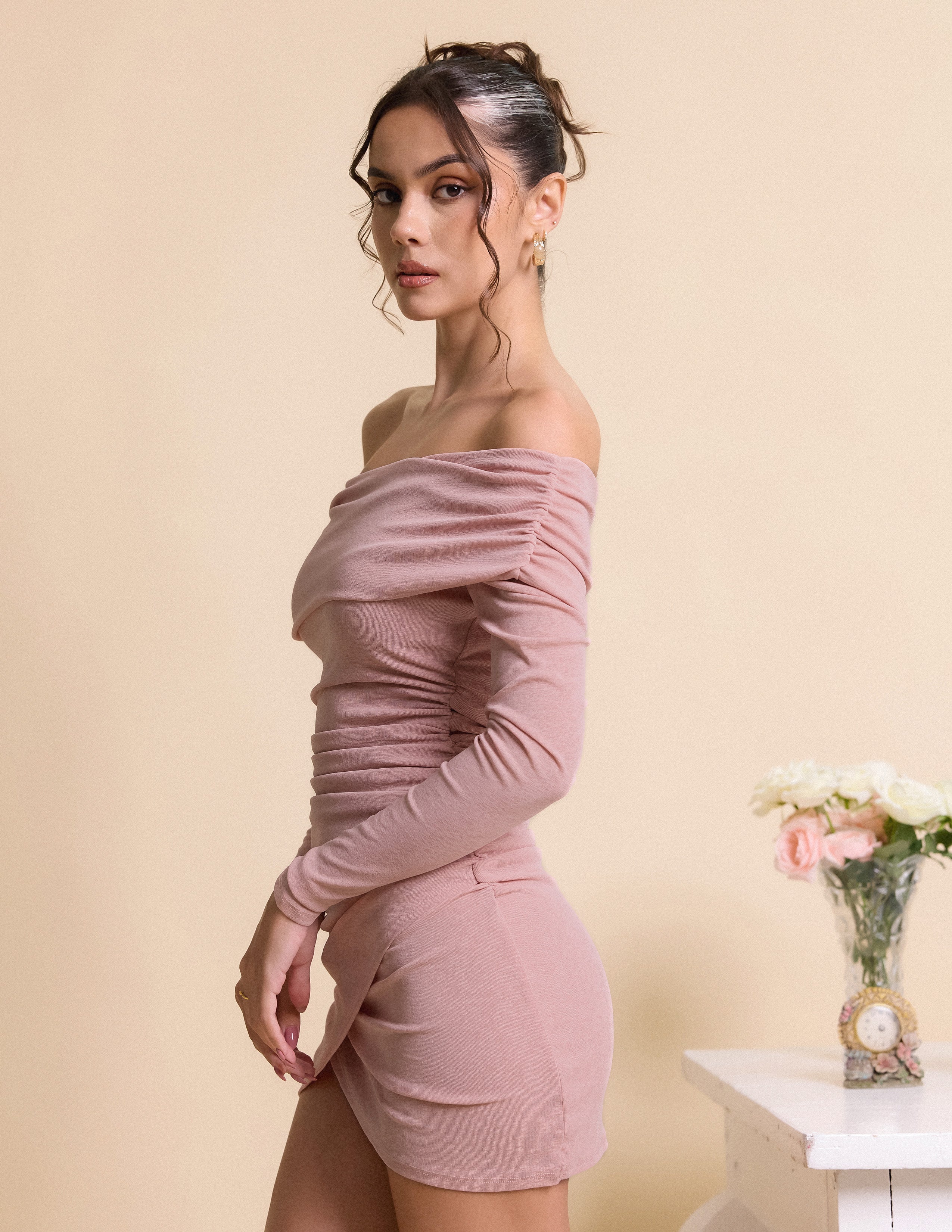 Off Shoulder Ruched Mini Dress
