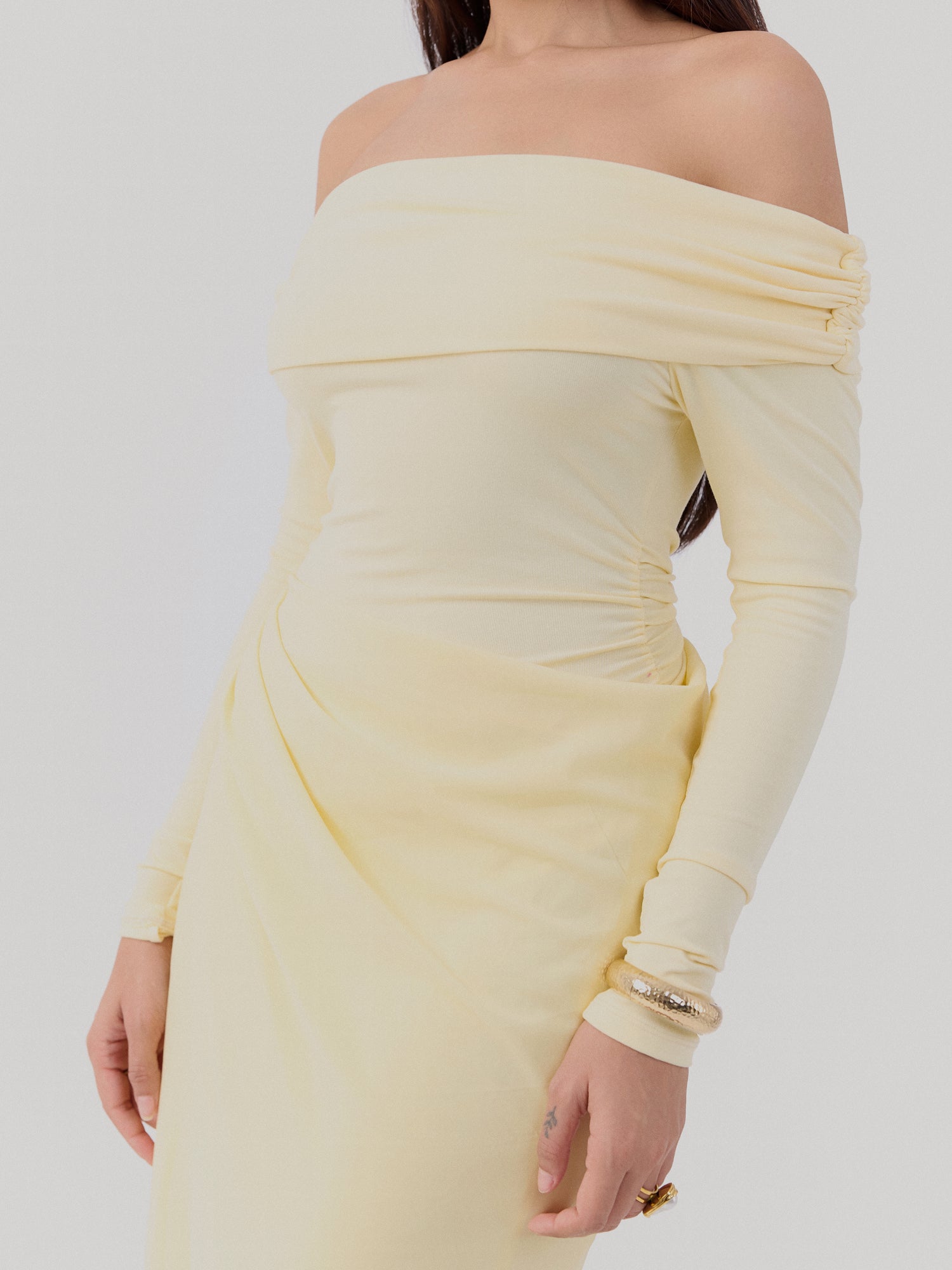 Off Shoulder Contrast Fabric Detailed Maxi Dress