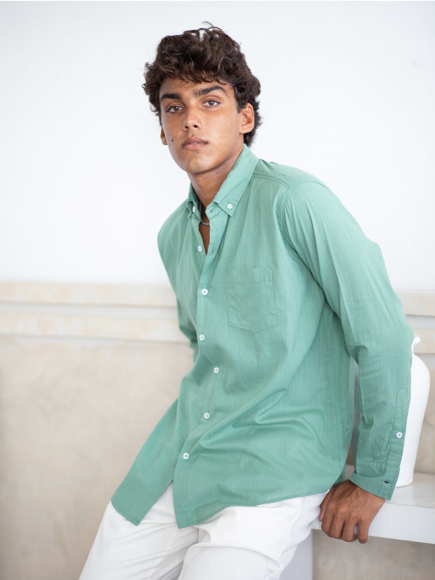 Oversized L/S regular collar shirt