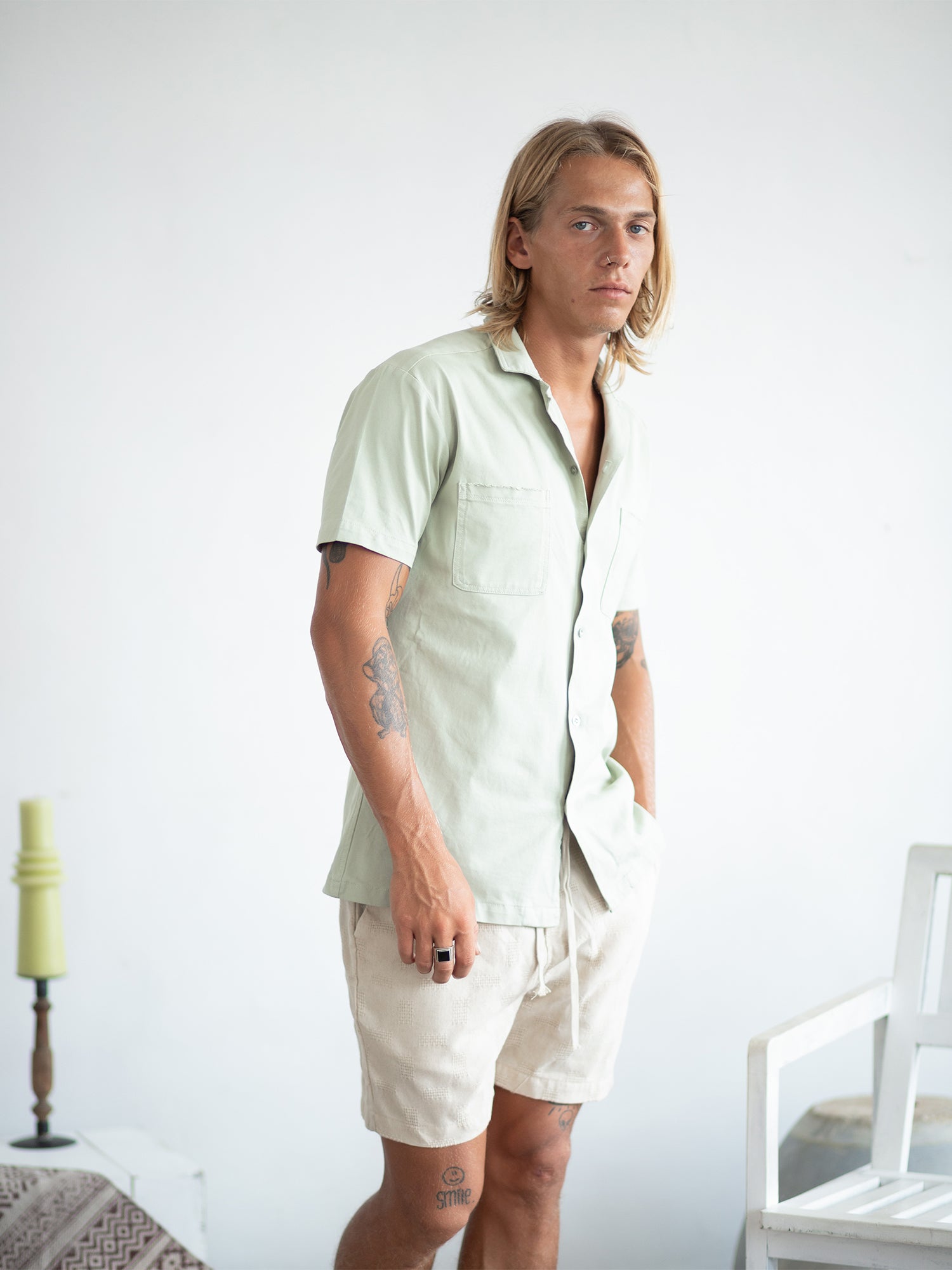 Short sleeved camp collar shirt