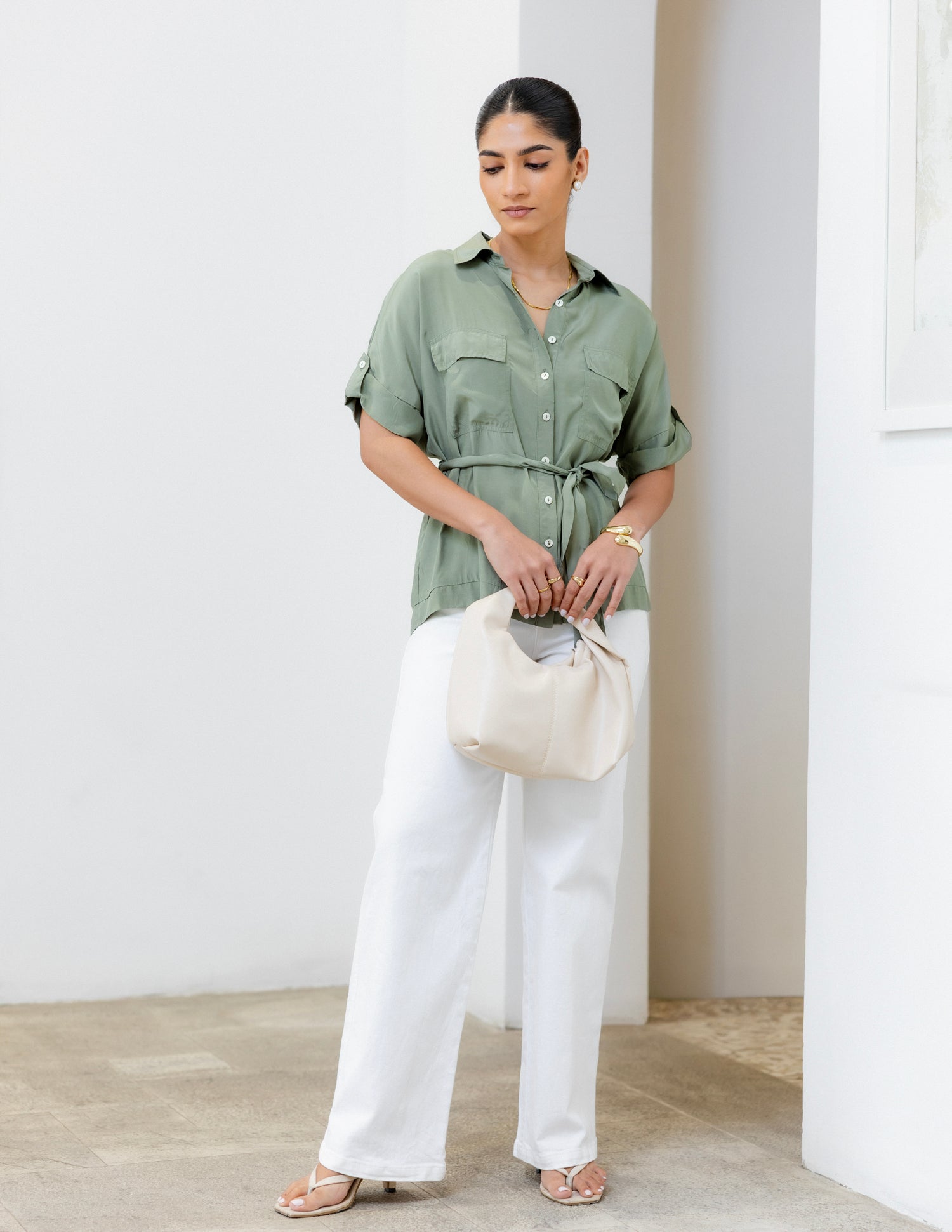 Double Pocket Detail Tie Up Shirt