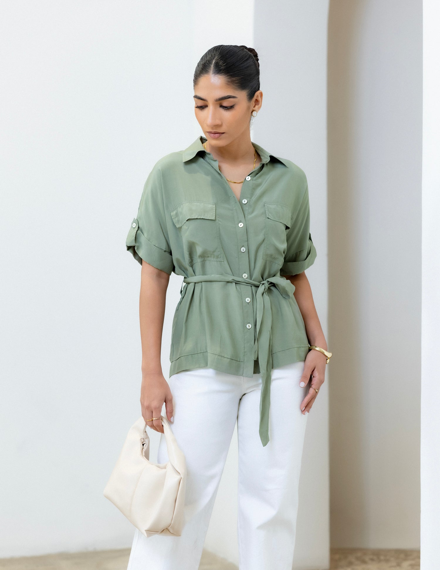 Double Pocket Detail Tie Up Shirt