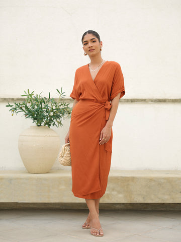 Mock Wrap Midi Dress