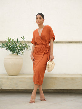 Mock Wrap Midi Dress