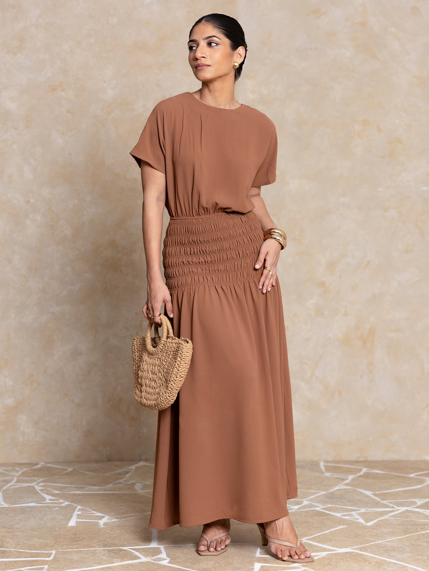 Waist Elasticated Gathered Maxi Dress